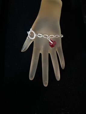 Sterling Silver Chain Bracelet with Red Heart Charm